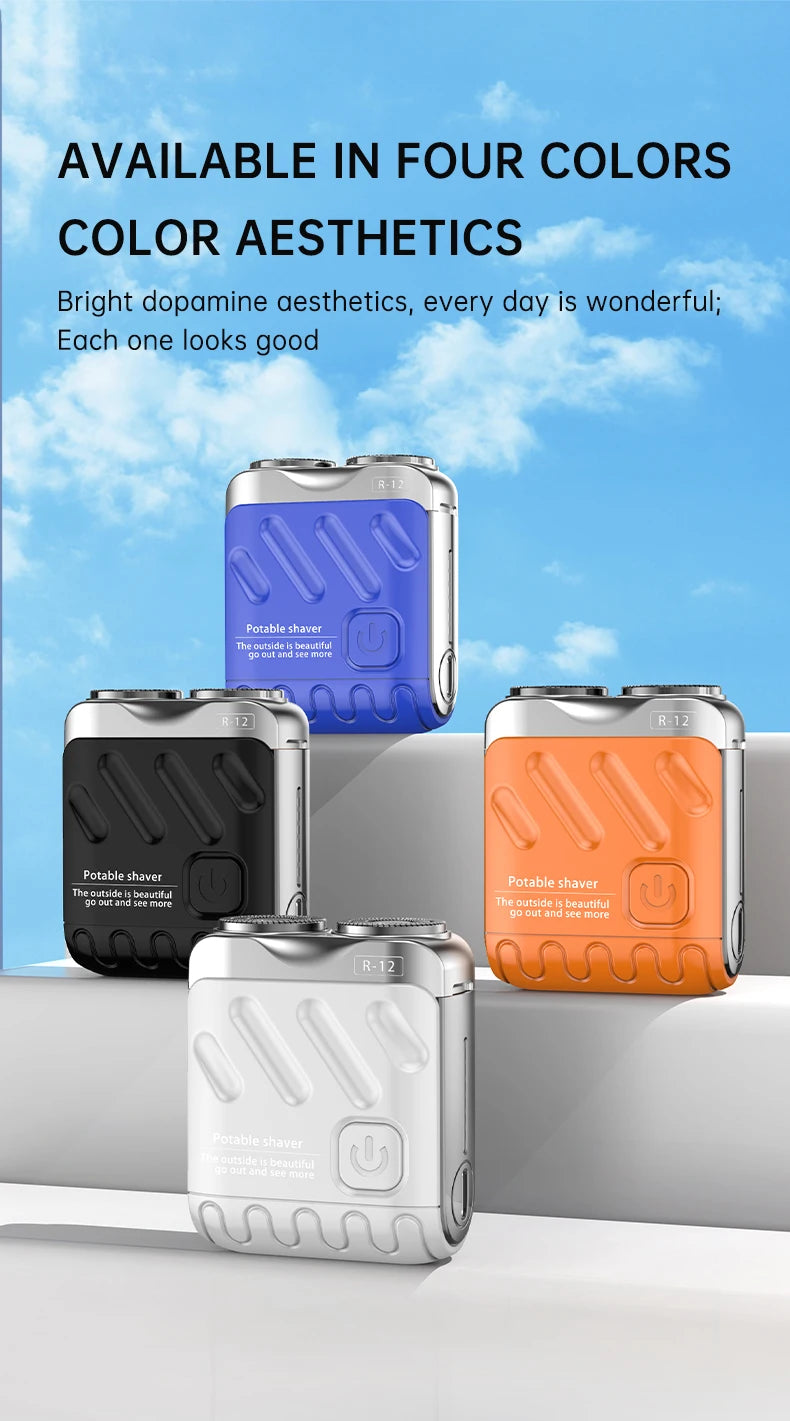 Four color aesthetics of a portable shaver displayed in various shades on a white surface.