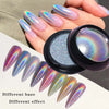 A set of holographic chrome nail glitter powder with different bases and effects shown on fingers.