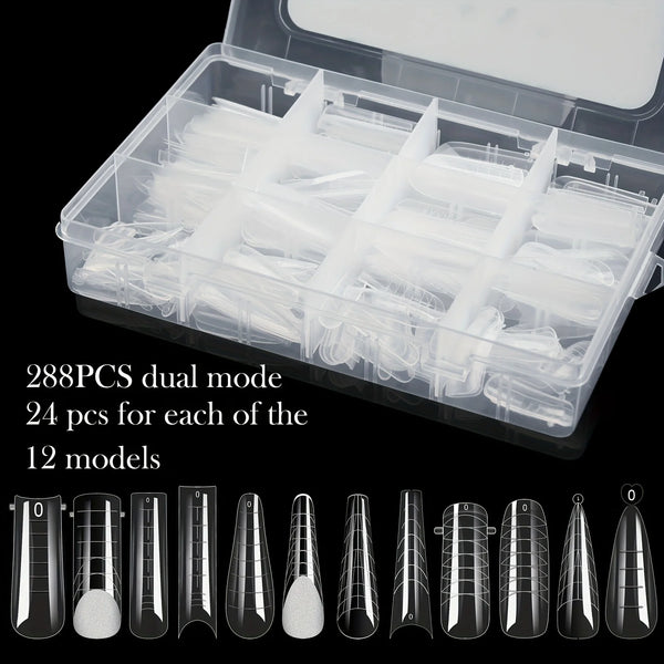 A clear plastic box contains 288 reusable nail extension forms in 12 different shapes and sizes.