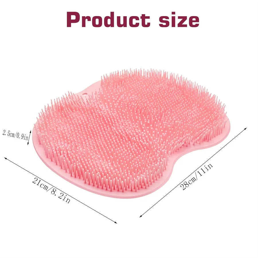 Pink non-slip shower foot scrubber mat showing the product size dimensions.