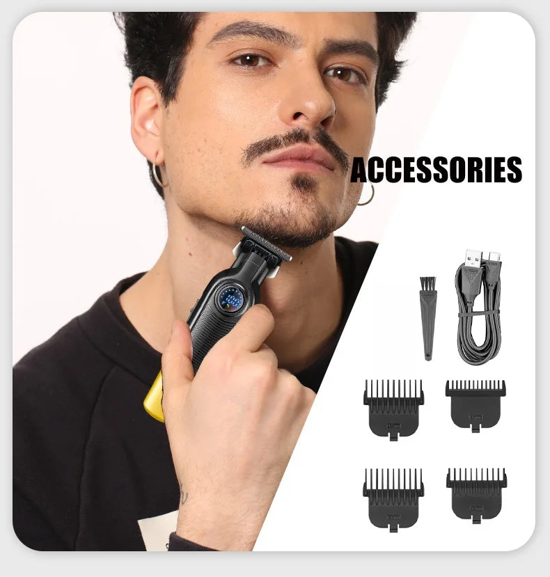 Ein Mann hält ein professionelles kabelloses Haartrimmer-Zubehör mit verschiedenen Styling-Aufsätzen.