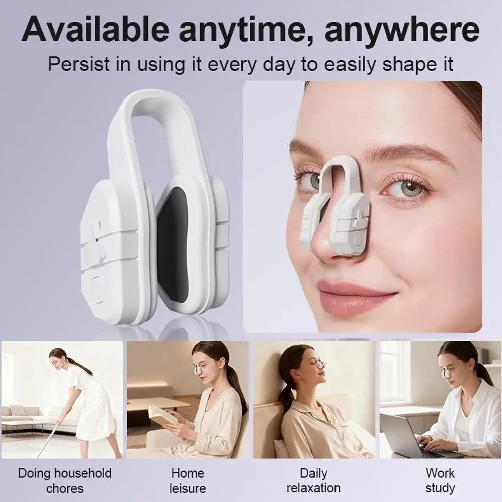 A white microcurrent nose lifter and sculpting tool is shown next to a woman using it for daily skincare.