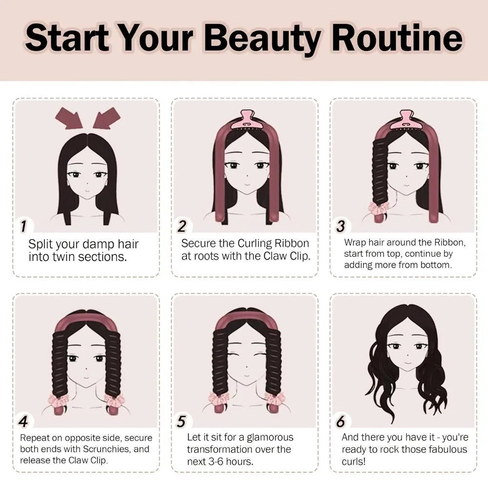 A six-step guide showing how to use a heatless curling kit with silk accessories to style hair.