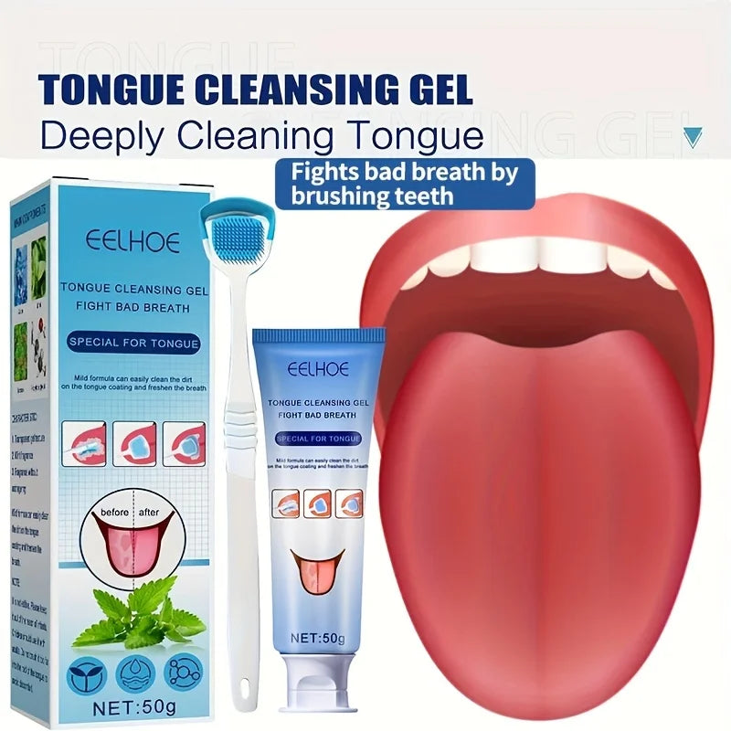 Caja y tubo de gel limpiador de lengua EELHOE con cepillo manual junto a una boca humana.