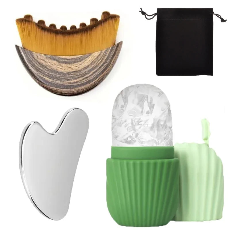 A set of stainless steel gua sha and ice roller facial massage tools in black, gold, and green.