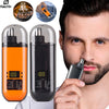 A close-up of a portable rechargeable nose hair trimmer device shown next to a man's face.