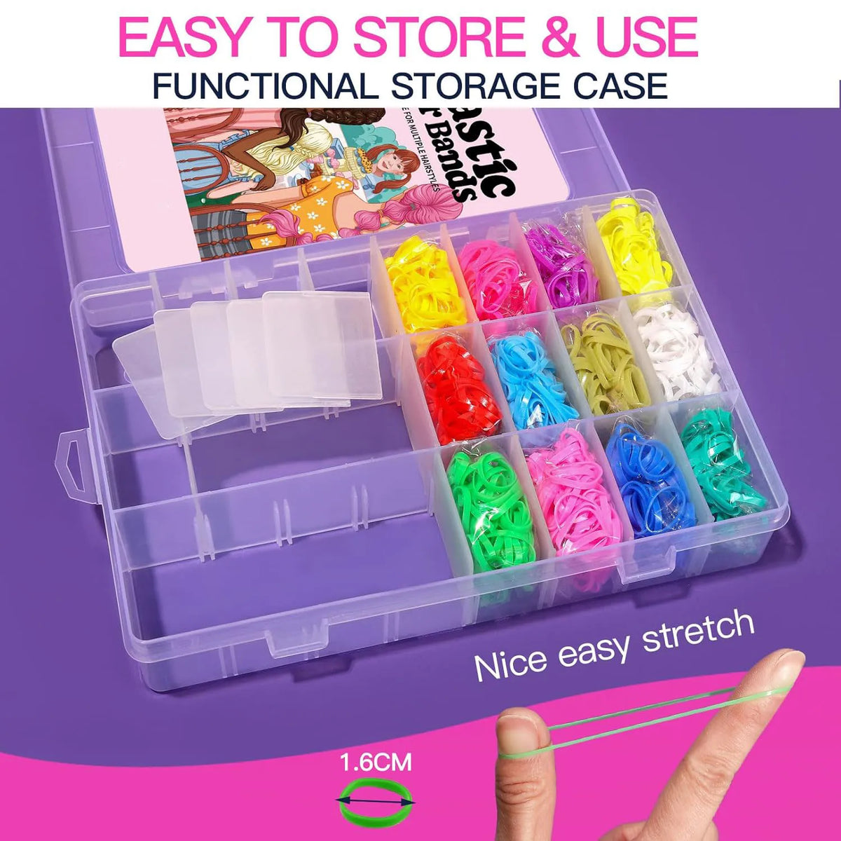 Une boîte de rangement transparente contient un ensemble de 24 élastiques colorés pour diverses coiffures.