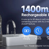A black portable water flosser device is shown next to a white sink basin, highlighting its features and battery life.