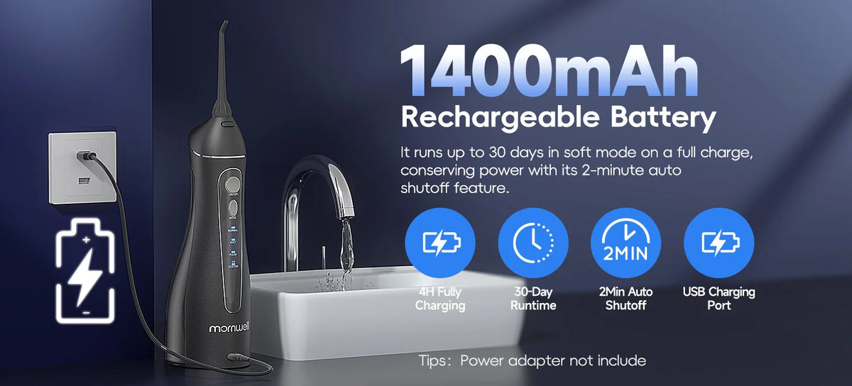 A black portable water flosser device is shown next to a white sink basin, highlighting its features and battery life.