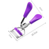 Purple makeup eyelash curler with silver metal clamp and plastic curler tool