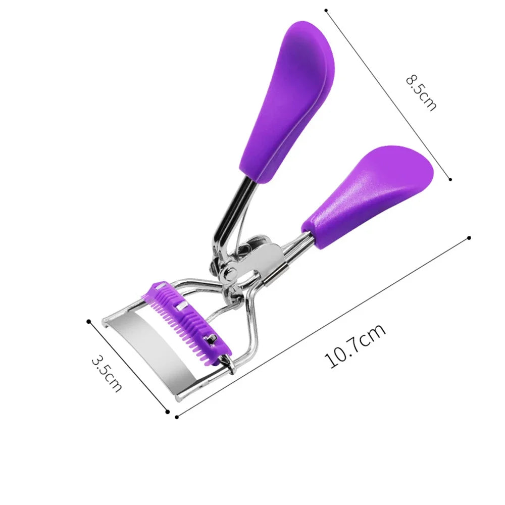 Purple makeup eyelash curler with silver metal clamp and plastic curler tool