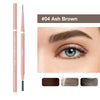 Présentation d'un crayon à sourcils fin, nuance brun cendré et trois échantillons de couleurs.