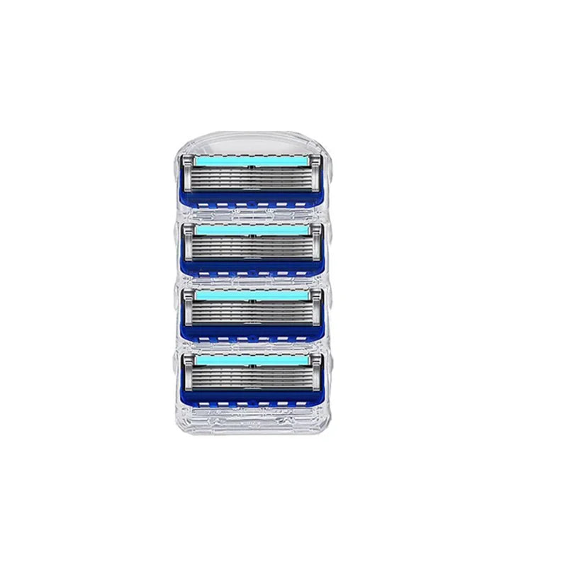 A clear plastic case containing multiple reusable stainless steel shaving heads.