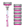 A white and pink multi-layer body hair removal razor with a stainless steel handle and pink and silver blades.