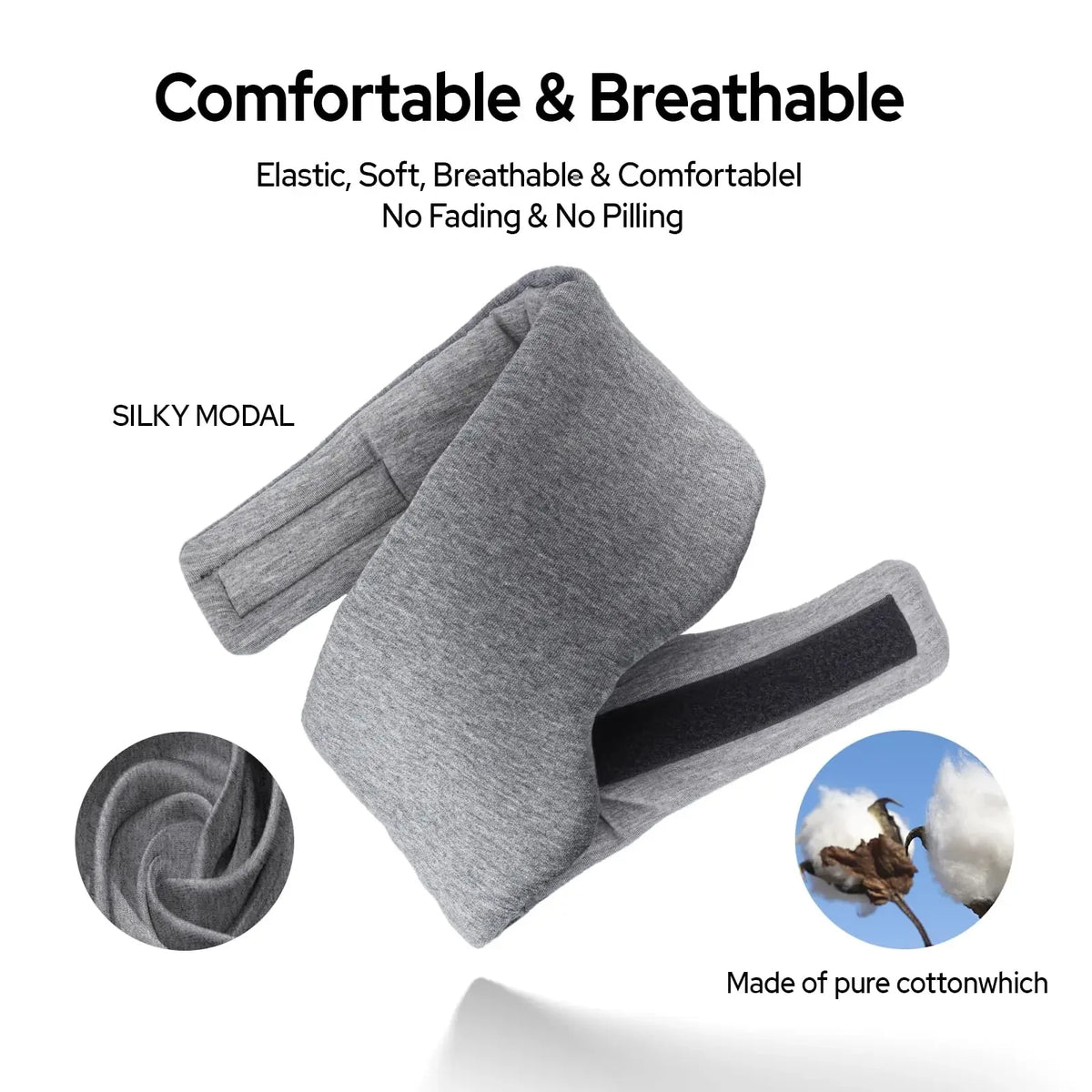 Masque de sommeil gris et soyeux, avec texture tourbillonnante et description de ses propriétés confortables et respirantes.