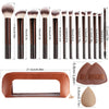 A set of thirteen professional makeup brushes of varying sizes with a storage bag and a brown cosmetic palette.
