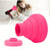 A bright pink silicone diffuser cover for hair dryers is shown next to a woman using a hairdryer.