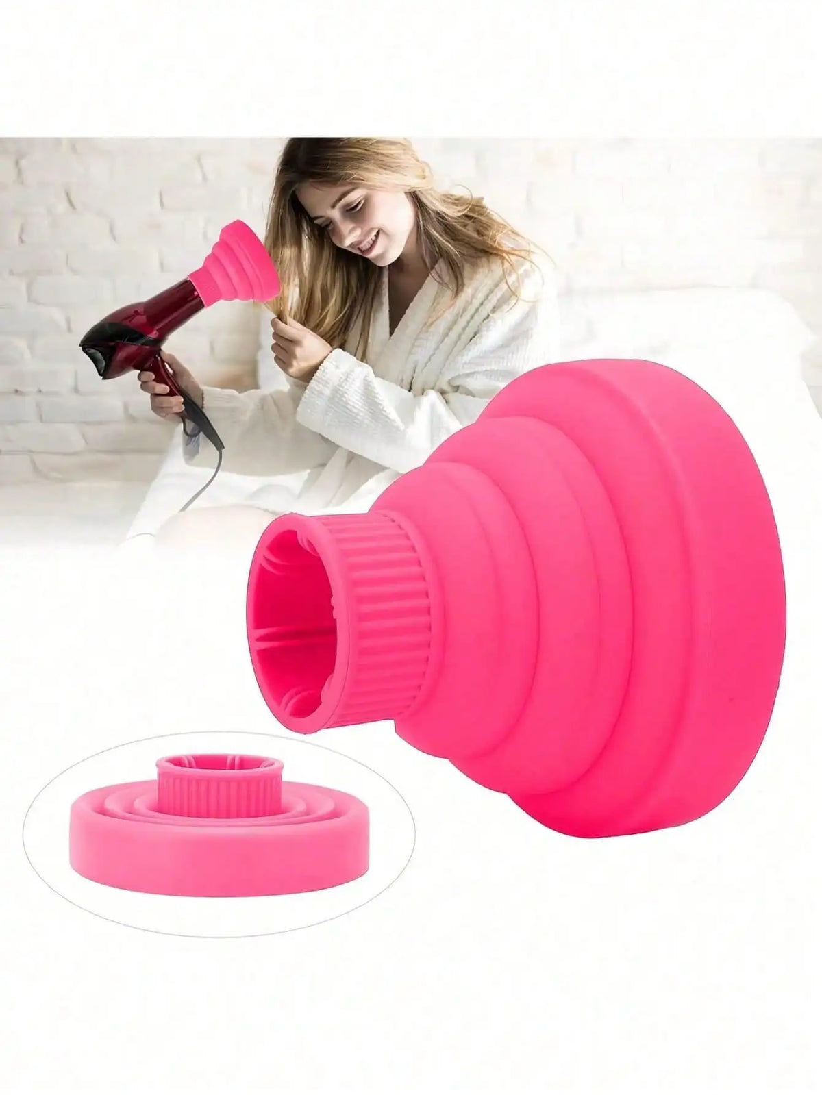 A bright pink silicone diffuser cover for hair dryers is shown next to a woman using a hairdryer.