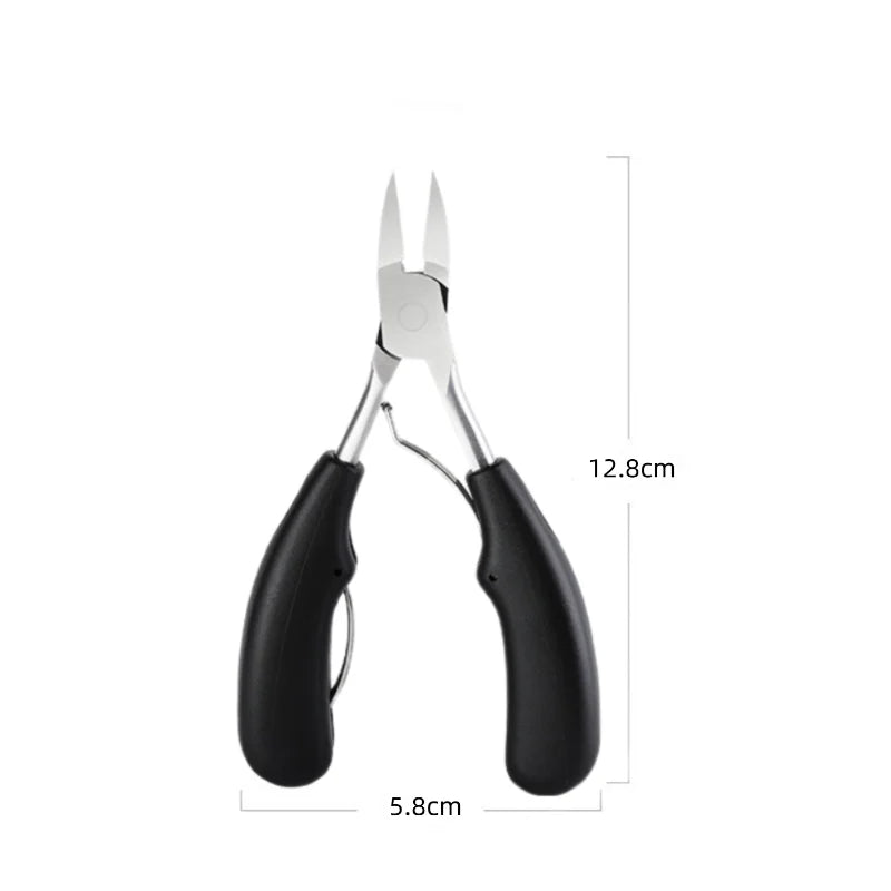 A pair of black professional toenail clippers with curved sharp blades shown against a white background.