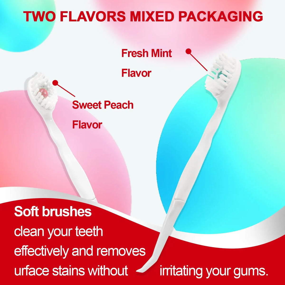 Emballage de deux saveurs : menthe fraîche et pêche sucrée, avec une brosse à dents blanche et rose.