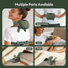 Multiple parts of a green professional wireless massager are shown on a woman's body.