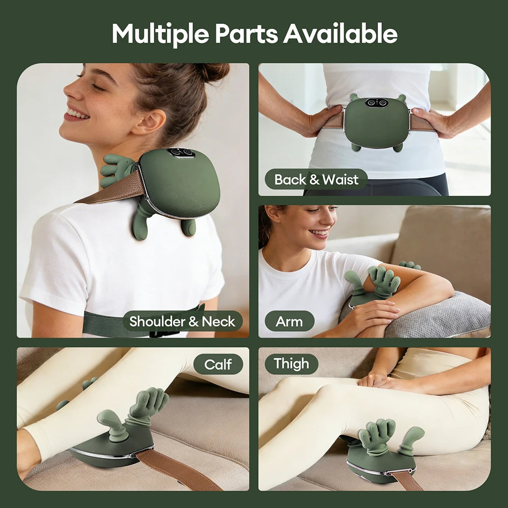 Multiple parts of a green professional wireless massager are shown on a woman's body.