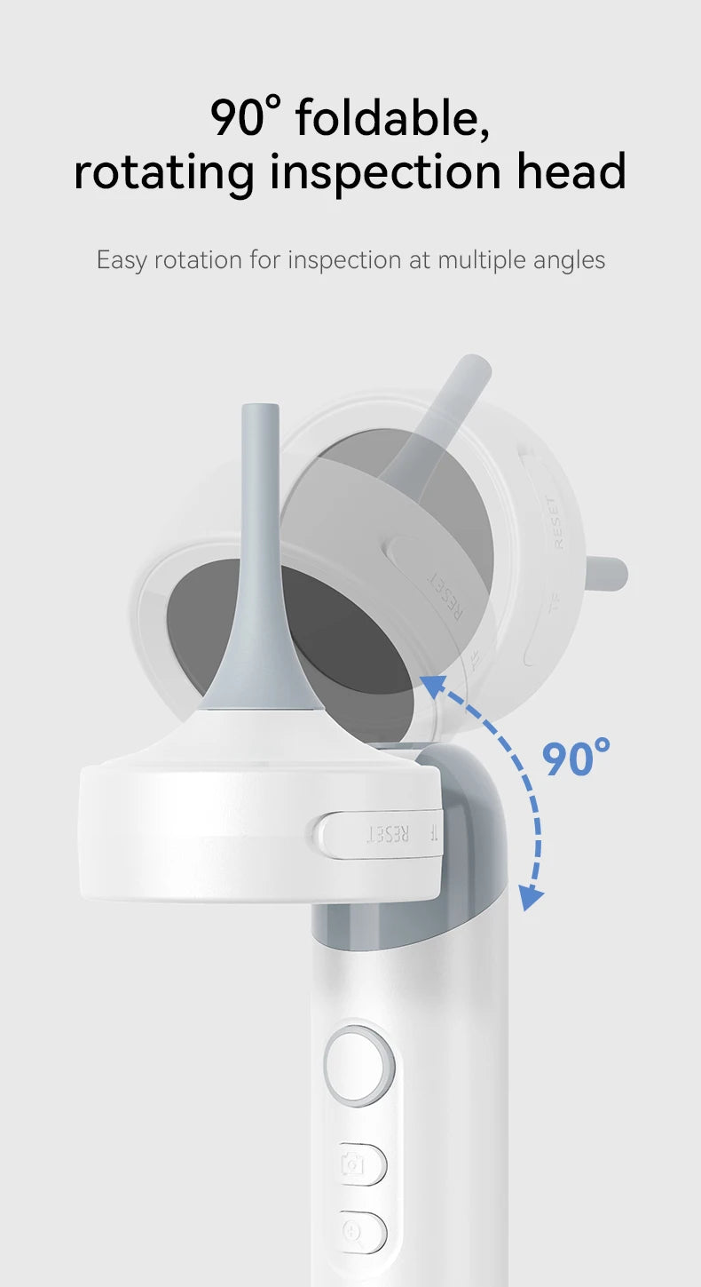 A white portable inspection head with a 90 degree folding and rotating mechanism is shown.