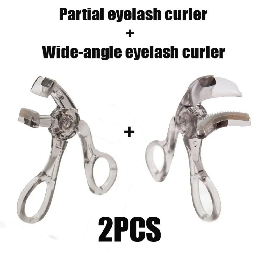 Two pairs of eyelash curlers are shown, including a partial curler and a wide-angle curler.
