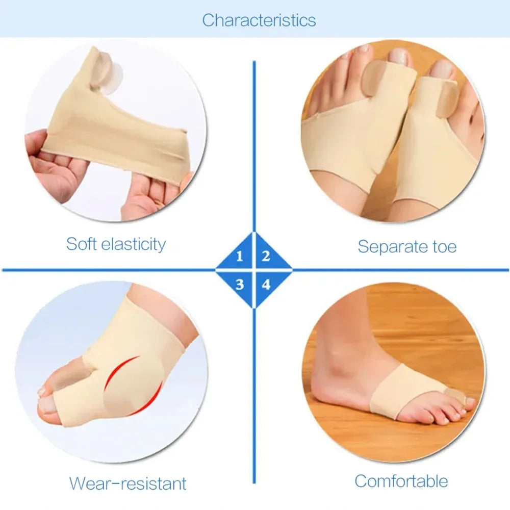 Orthopedic toe separator and corrector set shown with features like soft elasticity, separate toe design, wear-resistance, an