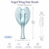 A silver Angel Wing hair brush with a tapered design shown next to its dimensions and features.