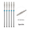 A set of five diamond nail drill bits with a silver and black design shown next to a measurement label.