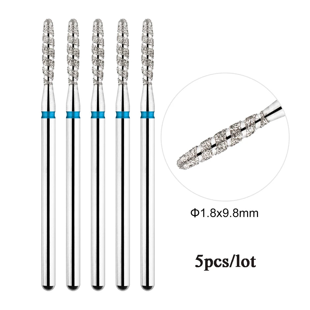 A set of five diamond nail drill bits with a silver and black design shown next to a measurement label.