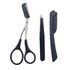 Stainless steel eyebrow trimmer kit showing a grooming tool and a trimmer blade.