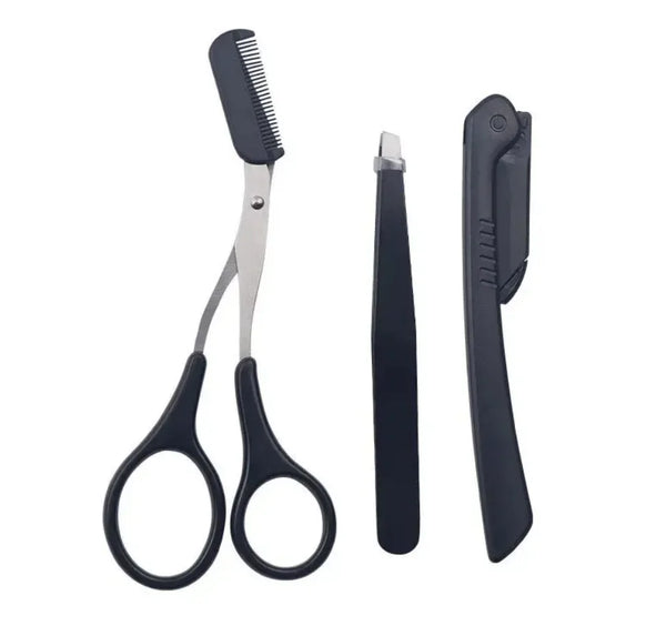 Stainless steel eyebrow trimmer kit showing a grooming tool and a trimmer blade.