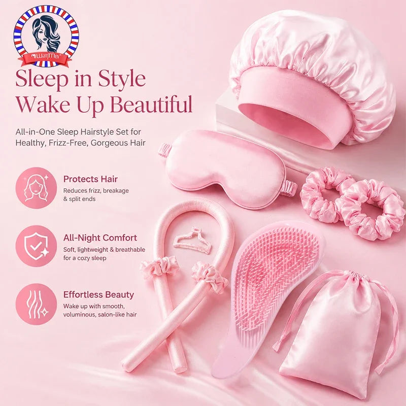 Kit de coiffage capillaire en silicone rose incluant un bonnet de nuit, un sèche-cheveux et des rouleaux pour la beauté