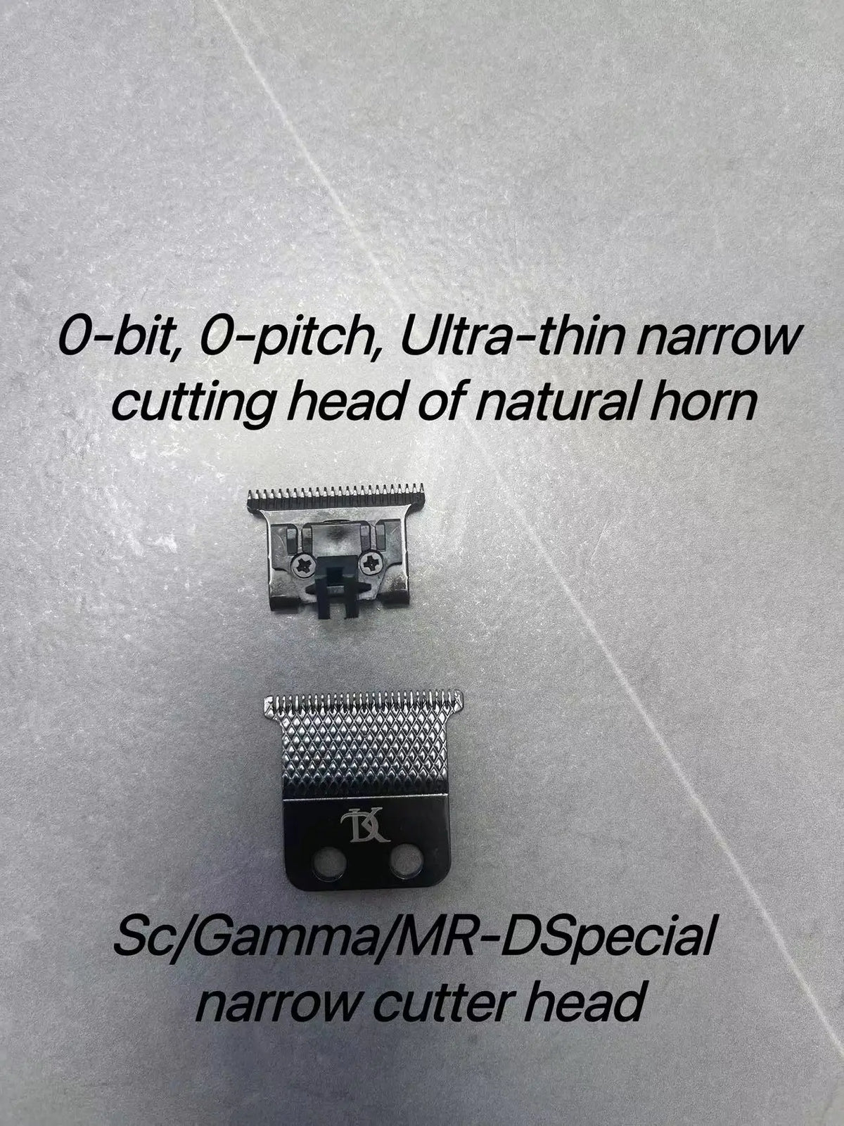 A close-up view of an O-bit, O-pitch, ultra-thin narrow cutting head for a natural horn trimmer.