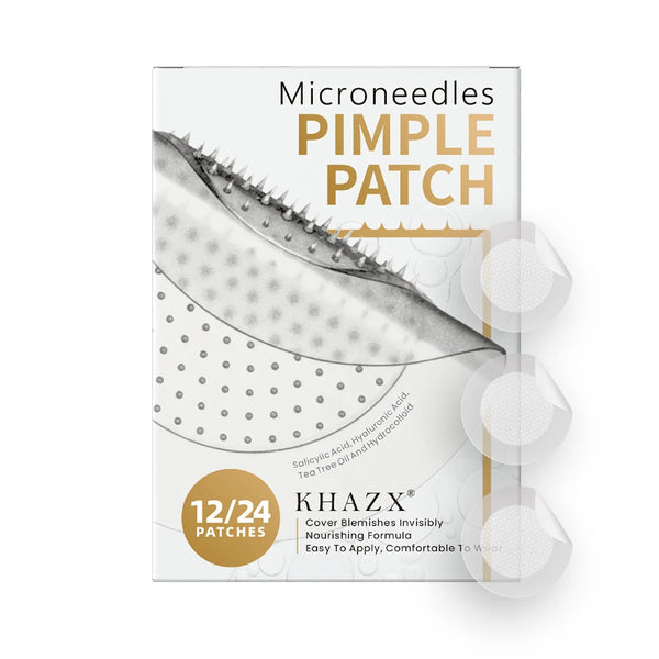 Box of Khazx pimple patches with a 12/24 pack count and ingredients listed