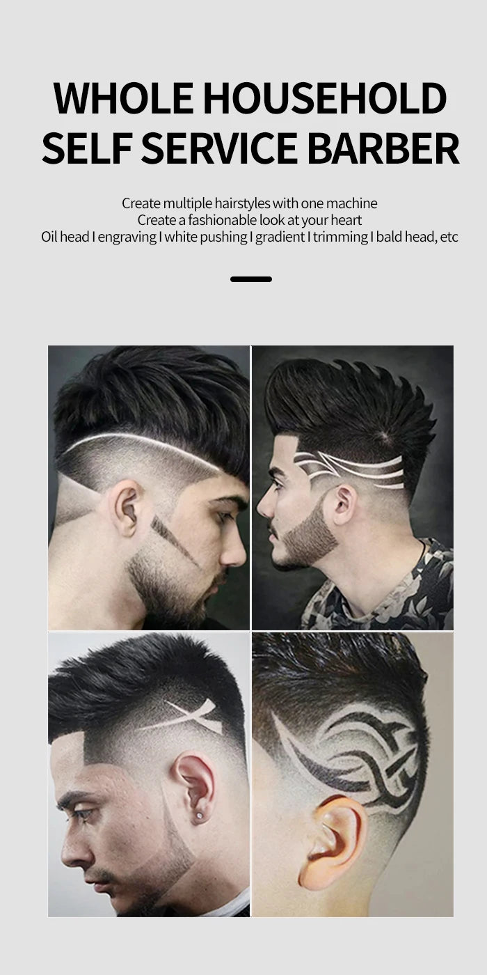 A collage of men's haircuts demonstrating various styles like fades, lines, and textured cuts achieved with a single machine.