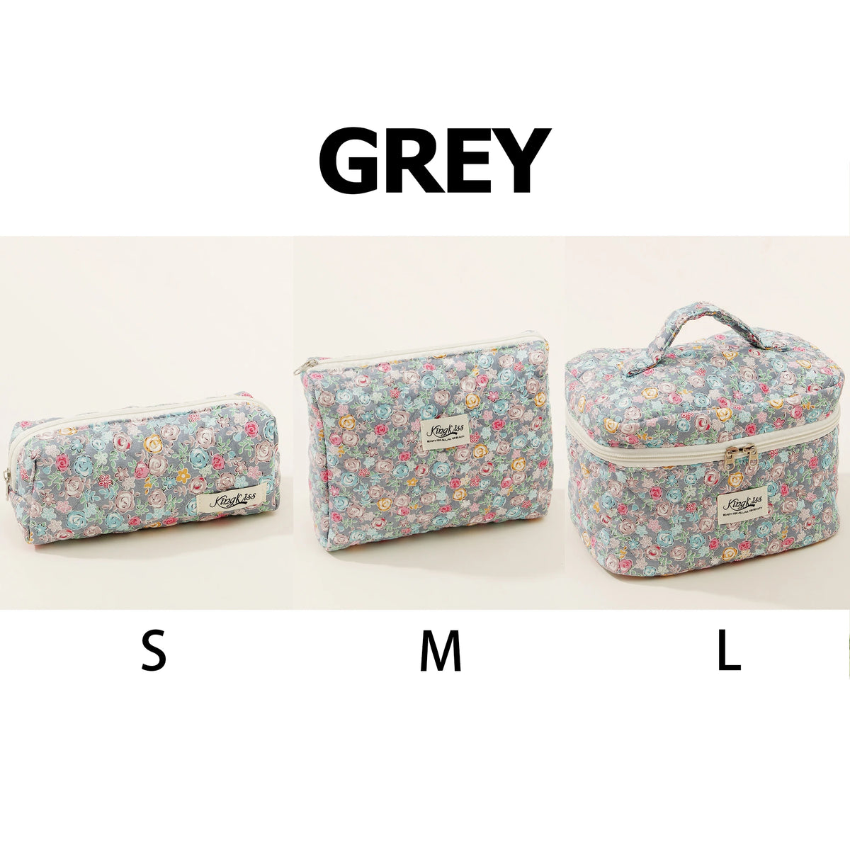 Grey quilted cotton makeup bags in sizes S, M, and L with floral patterns.