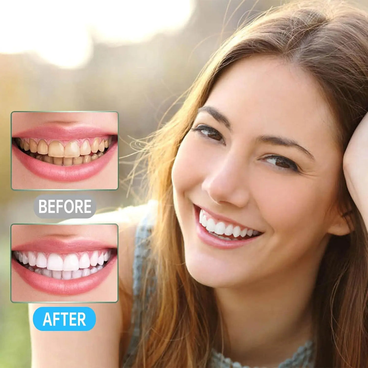 Before and after comparison showing the results of a stainless steel dental cleaning tool set on teeth.