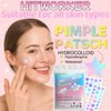 A woman applies pimple patches made of hydrocolloid to her skin.