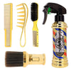 A set of professional barber tools including a comb, brush, and spray bottles in gold and black.