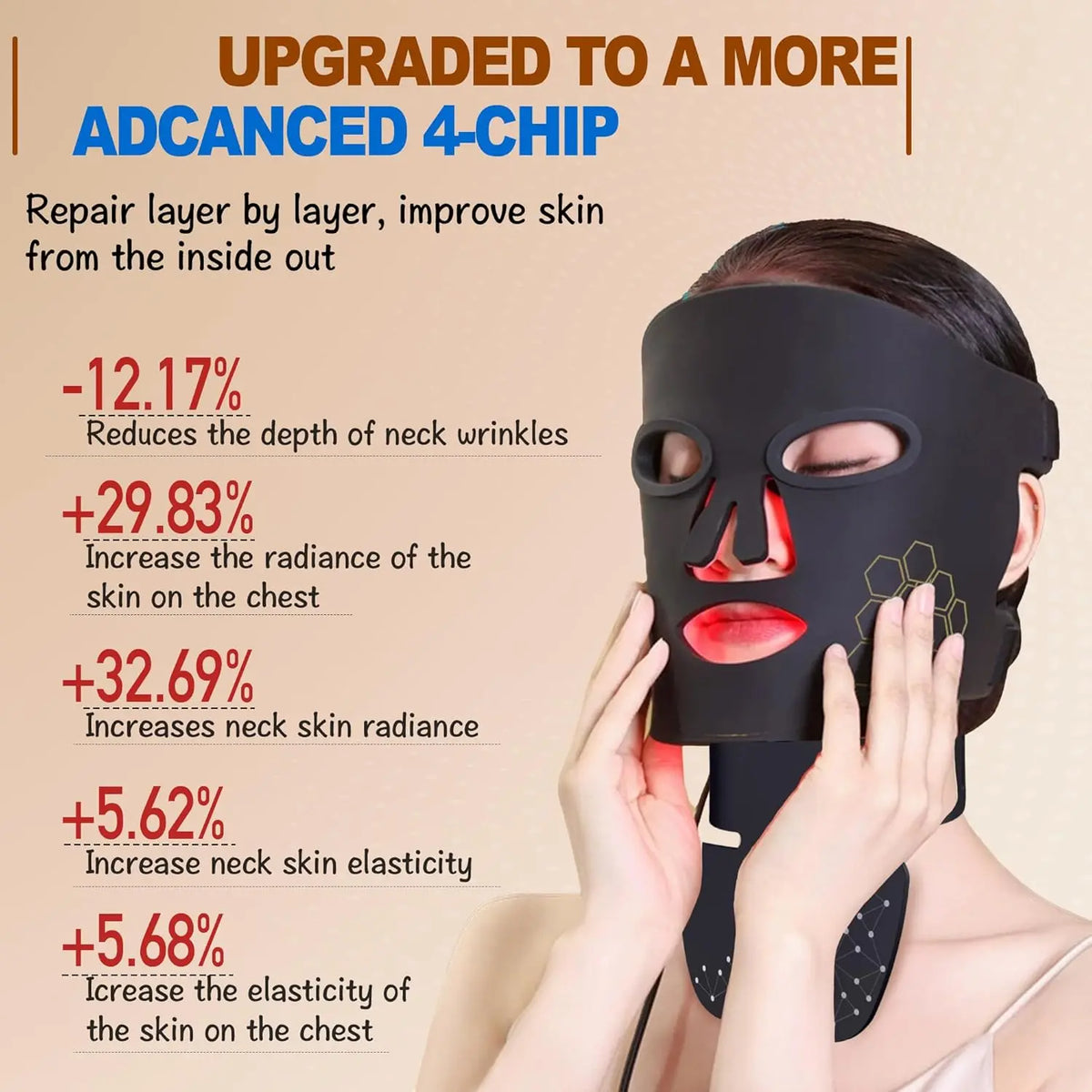 Hands hold a black professional red light therapy mask for anti-aging treatment.