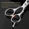 Silver professional haircutting scissors with a curved handle design shown against a dark background.