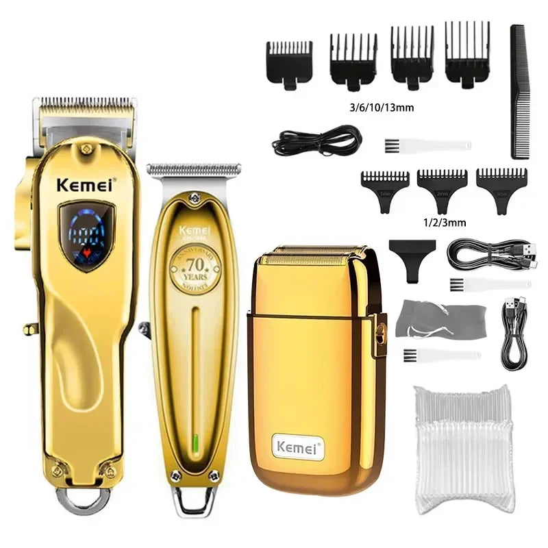 A set of gold Kemel professional rechargeable electric hair clippers and accessories including guards and combs.