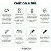 A set of caution and tips for using nail drill bits, including advice on pressure, sterilization, bit type selection, and usa
