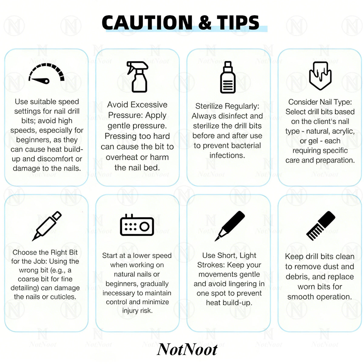 A set of caution and tips for using nail drill bits, including advice on pressure, sterilization, bit type selection, and usa