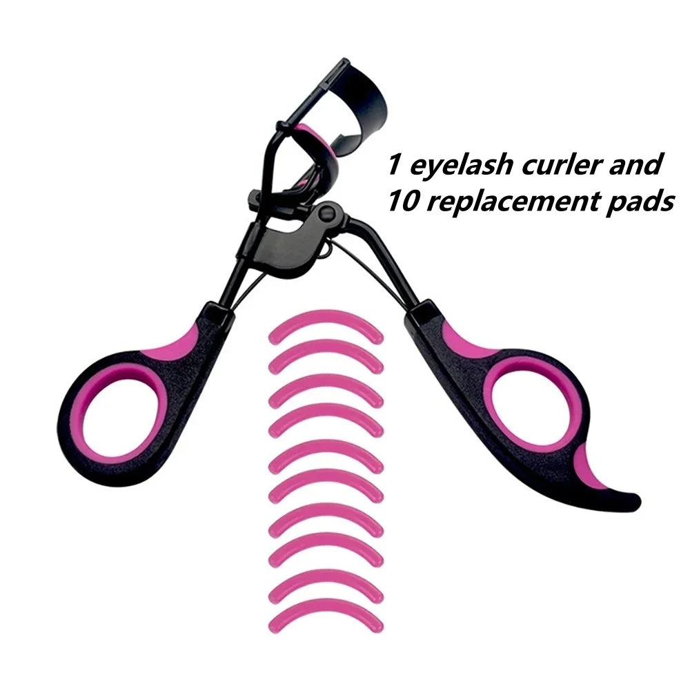A black eyelash curler tool with 10 replacement pads is shown.