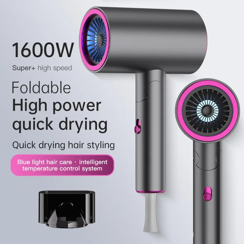 A black foldable high power quick drying hair dryer with a pink light and temperature control system.