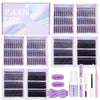 A collection of fifteen lash clusters in various lengths and styles packaged in purple and black for eyelash extensions.